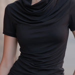 Draped Cowl-Neck Fitted Short-Sleeve T-Shirt