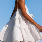 High Waisted Loose Backless Layered Pleated Solid Color Tied Spaghetti-Neck Mini Dresses