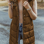 Hooded Pocketed Quilted Long Vest Coat