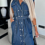 Solid Color Casual Lapel Sleeveless Button Pocket Waist Tie Denim Midi Dress