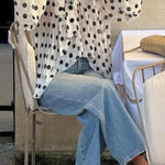 Polka Dot Print Tie-waist Lantern Sleeve Elegant Loose Shirt
