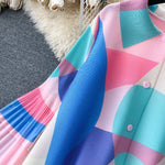 Flared Sleeves Loose Belted Contrast Color Pleated Midi Dresses
