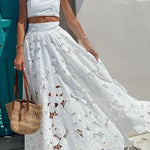 Next Trip Floral Embroidery Crochet Lace Elastic Waist Pocket Maxi Skirt