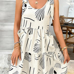 A-Line Loose Contrast Color Pleated Pockets Printed Tied Spaghetti-Neck Mini Dresses