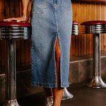 Sky Blue 4 Patch Pockets Front Slit Midi Denim Skirt