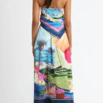 Seaside Holiday Satin Unique Print Knotted Scarf Top and Elastic Waist Loose Maxi Skirt Set