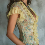 Vintage-style Printed Chiffon Blouse With Ruffles