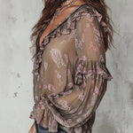 Bohemian Style Chiffon Printed Blouse With Ruffles