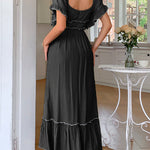 A-Line High Waisted Pleated Ruffle Trim Split-Joint Zipper Square-Neck Midi Dresses