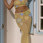 Luxe Knit Crochet Handmade Flower Beaded Waist Stretch Maxi Skirt