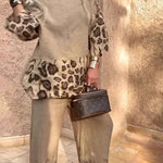Leopard Print Crew Neck Loose Top and Elastic Waist Casual Wide-leg Pants Set