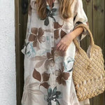 Botanical Print Long-sleeve Pocketed Single-breasted Loose Shirt Style Midi Dress