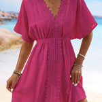 Batwing Sleeves Loose Elasticity See-Through Split-Joint V-Neck Mini Dresses