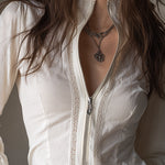 Bohemian Zip Front Lace Trim Bell Sleeves Cotton Blend Blouse