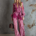 Elegant And Modern Hot Pink Printed Chiffon Long-sleeved Wide-leg Jumpsuit