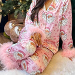 Christmas Besties Party Printed Feather Trim Elastic Waist Pocketed Pajama Set