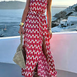 High Waisted Sleeveless Contrast Color Printed Split-Joint Split-Side Tied Waist Halter-Neck Maxi Dresses
