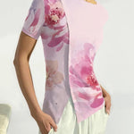 Short Sleeves Skinny Flower Print Split-Front Round-Neck T-Shirts Tops