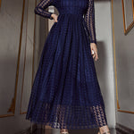 High Waisted Long Sleeves Buttoned Gauze See-Through Solid Color V-Neck Maxi Dresses