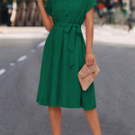 A-Line High Waisted Buttoned Solid Color Tied Waist Lapel Collar Midi Dresses Shirt Dress