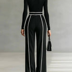 White Trim High-neck Long-sleeved Top With Wide-leg Pants and Belt Set
