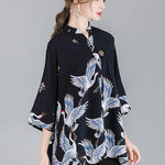Original Crane Printed Buttoned Stand Collar Half Sleeves Blouse