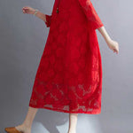 Half Sleeves Loose Hollow Solid Color Round-Neck Midi Dresses