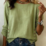 Women'S Casual Round-Neck Button-Up Cotton And Linen Top