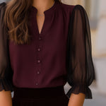 Sheer Puff Sleeve Button-Up Blouse