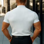 Men's Solid Striped Stand Collar Short Sleeve Shirt