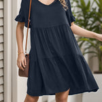 A-Line Flared Sleeves Pleated Pockets Ruffled Solid Color Split-Joint Round-Neck Mini Dresses