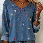Women'S Casual Color-Block Denim Top With Heart Embroidery