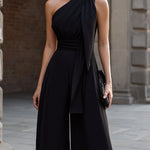 One-Shoulder Draped Halter Wide-Leg Jumpsuit