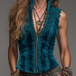 Bohemian Style Stand-collar Vest With Front Zipper And Lace Trim