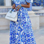 Enjoy The Adventure Printed Off Shoulder Puff Sleeve Maxi Dress
