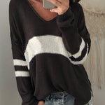 Fashionable Patchwork V-neck Long-sleeved Knitted Sweater