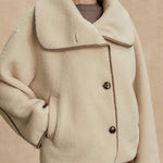 Romane Faux Fleece Fabric Contrast Trim Long Sleeve Knitted Pocket Lapel Loose Jacket