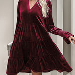 A-Line Long Sleeves Pleated Solid Color Velvet V-Neck Mini Dresses