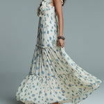 Bohemian Floral Print Pleated Maxi Dress With Ruffles