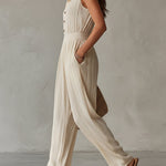 Bohemian Chiffon Pleated Shirt Collar Sleeveless Jumpsuit