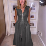 A-Line Elasticated Waist Pockets Solid Color Split-Joint Zipper V-Neck Midi Dresses