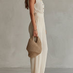 Bohemian Chiffon Pleated Shirt Collar Sleeveless Jumpsuit