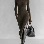 Women's Slim Fit Plush Knitted High Neck Side Slit Midi Dress