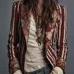 Bohemian Floral Print Cotton And Linen Striped Blazer