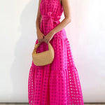 Loose Sleeveless Plaid Ribbed Stand Collar Maxi Dresses
