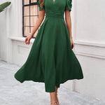 A-Line High Waisted Pleated Solid Color Zipper V-Neck Maxi Dresses