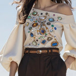 Long Sleeves Puff Sleeves Printed Off-The-Shoulder Blouses&Shirts Tops