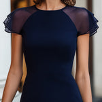 Elegant Navy Blue Sheath Dress With Sheer Flutter Sleeves