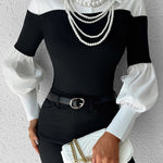Long Sleeves Loose Buttoned Contrast Color Pleated Split-Joint Lapel Blouses&Shirts Tops