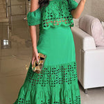 Valia Crochet Cutout Lace Off Shoulder Top and Elastic Waist A-line Maxi Skirt Set